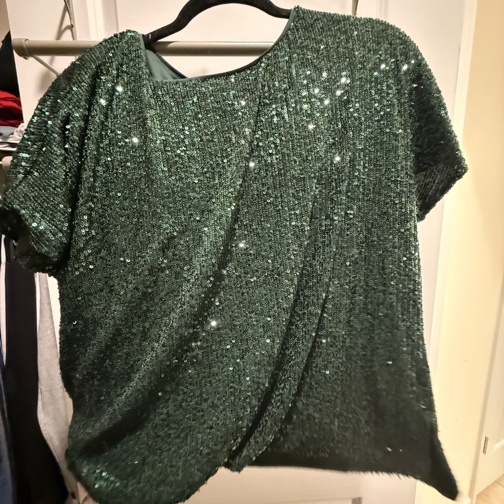 Green Sequin Short-Sleeve Women's Top